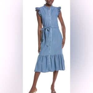 Nanette Lepore Blue Denim, Ruffle Sleeve, Belted Midi Dress -Size 8